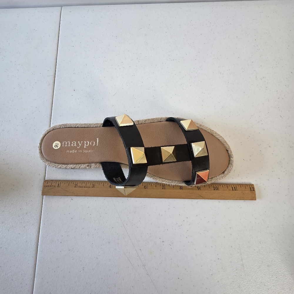 Maypol Raffia Trim Studded Leather Sandal Size 9.5 EU 41 Open Toe Slip-on Summer - Picture 10 of 13
